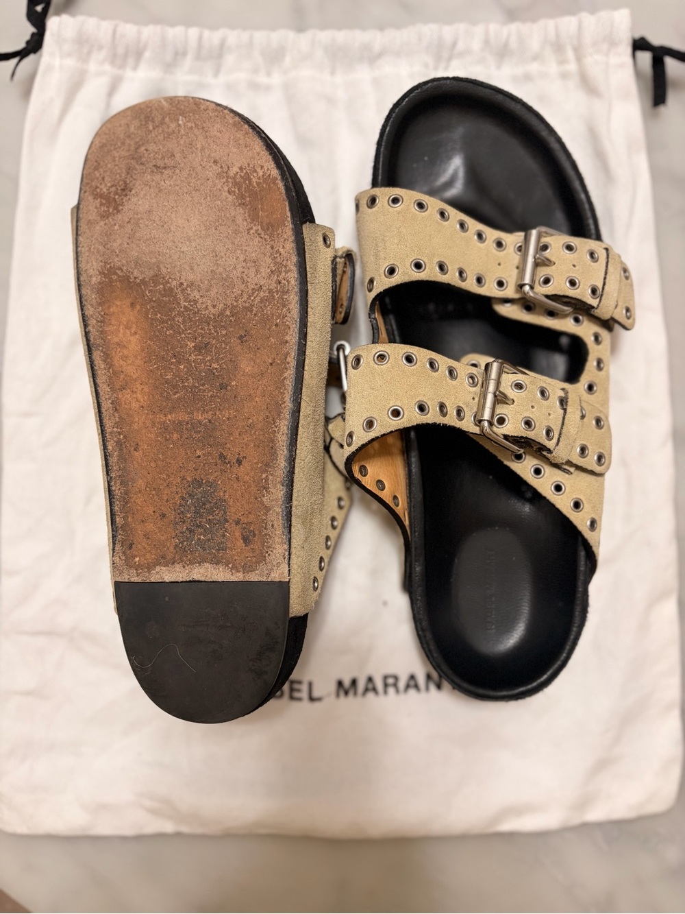 Isabel Marant Beige Eyelet Double-Buckle Slide Sandals 37 fit - Picture 5 of 5
